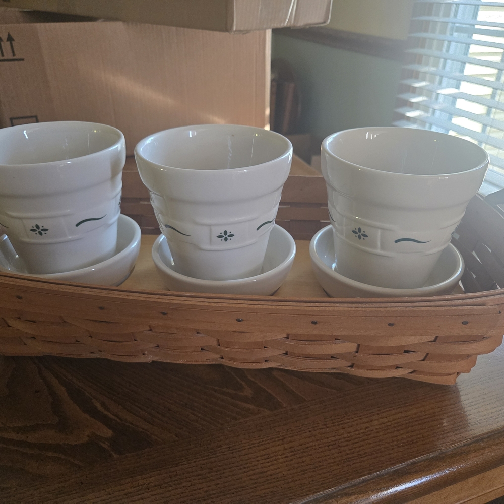 longaberger flower pot basket with riser and 3 green pots with saucers